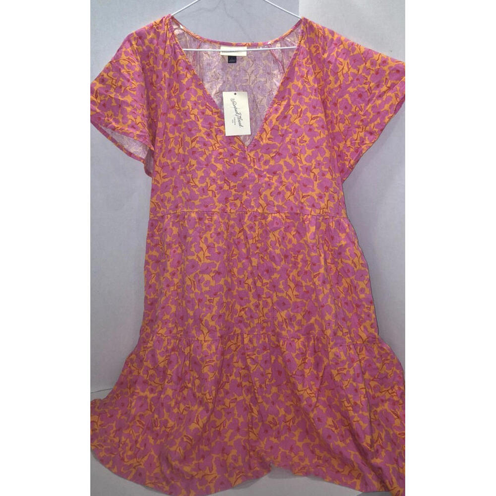 Universal Thread Linen Blend Pink Floral Flutter Mini Skater Dress ~ Size Large